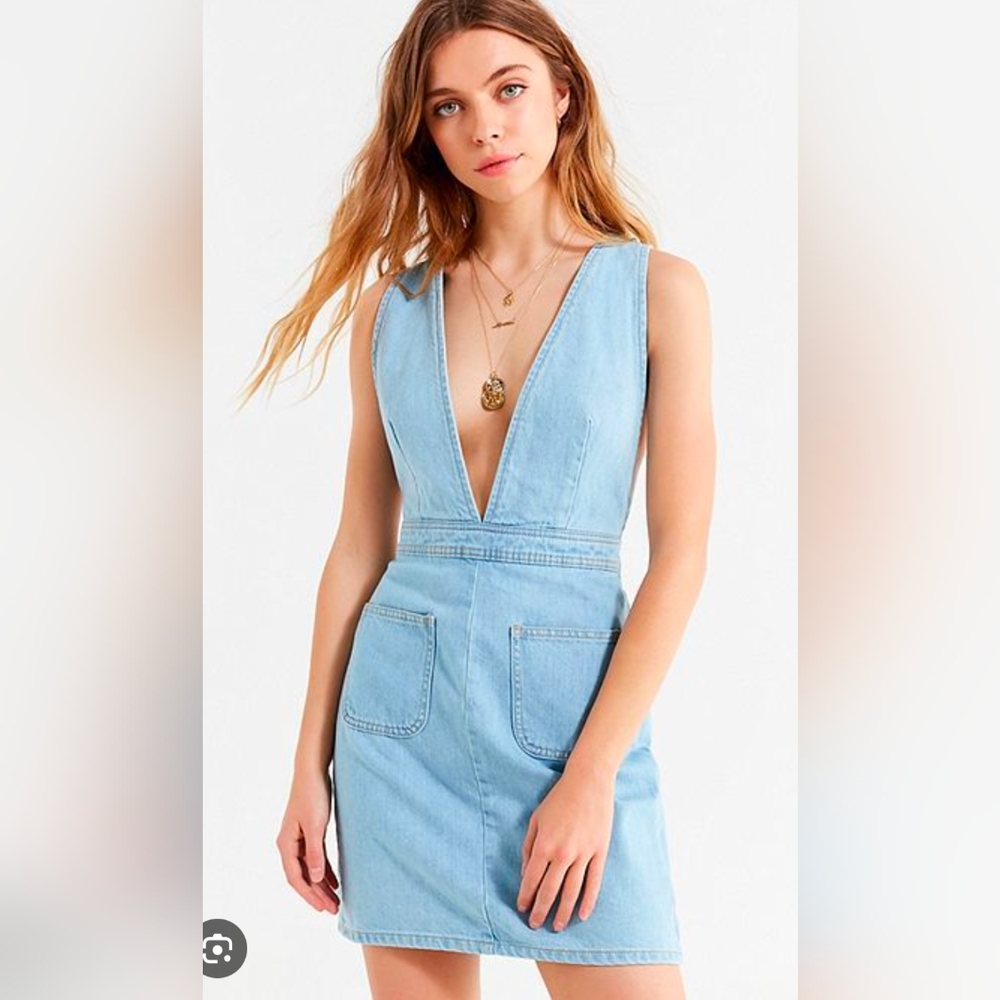 BDG Plunging V-Neck Pinafore Overalls Denim Dress
